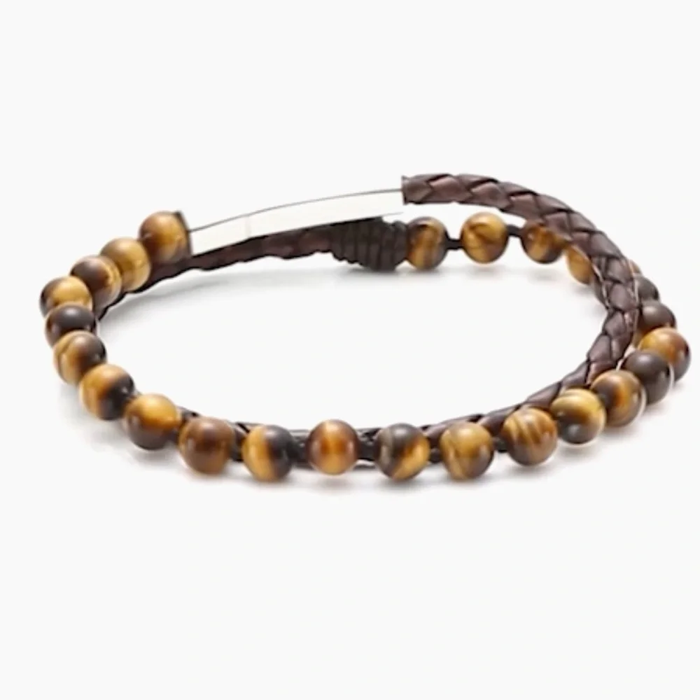 Jonas Studio NEW Dakota Stainless Steel, Leather & Tiger Eye Double-Wrap Bracele